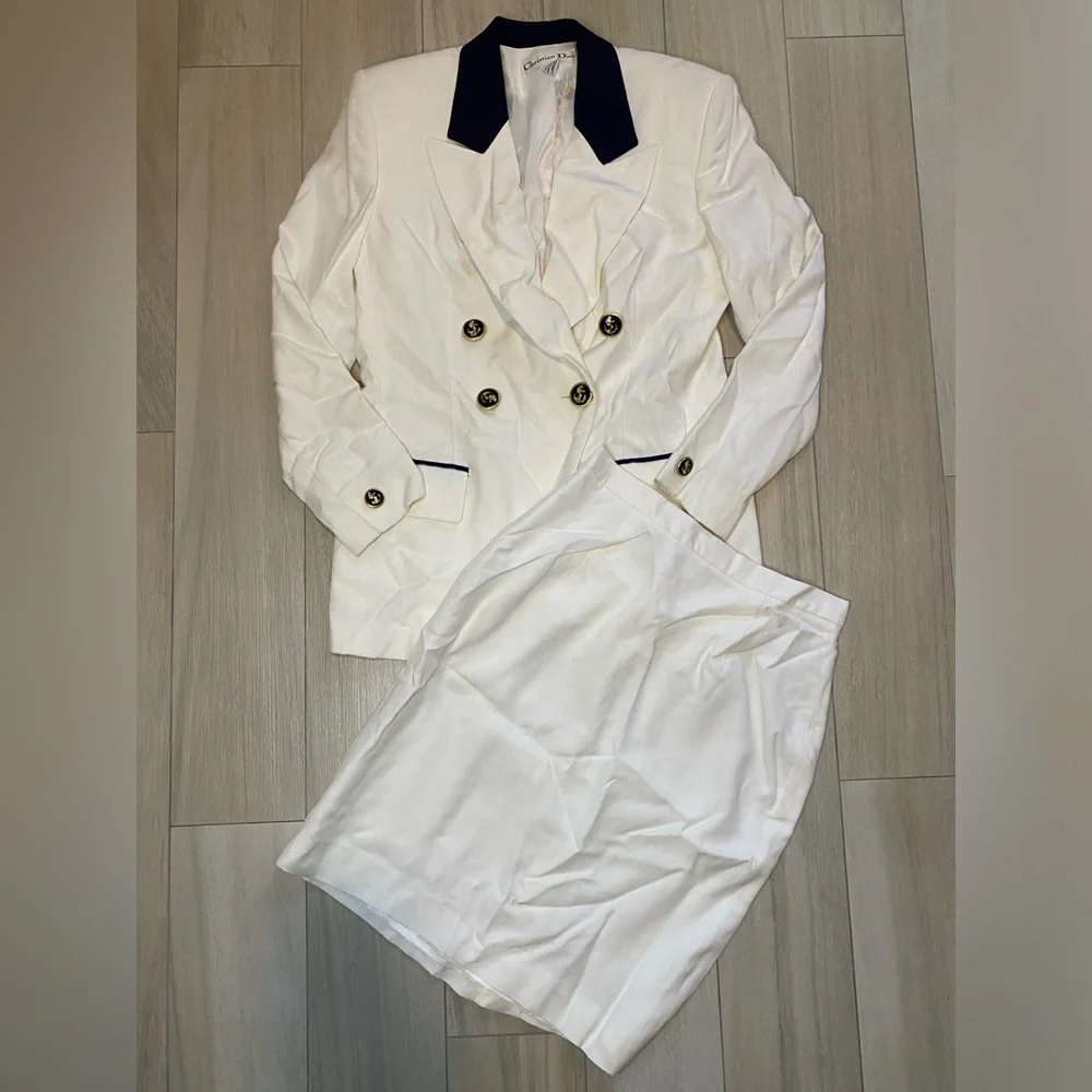 Christian Dior vintage white blue blazer pencil skirt nautical suit women’s 8